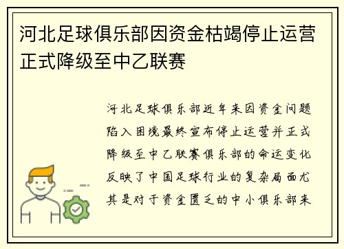 河北足球俱乐部因资金枯竭停止运营正式降级至中乙联赛